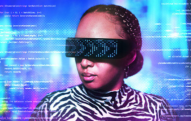 Image showing Woman, metaverse and virtual reality glasses with overlay for digital transformation. Person face with vr tech for ar hologram for cyber and 3d world for big data, information technology and coding