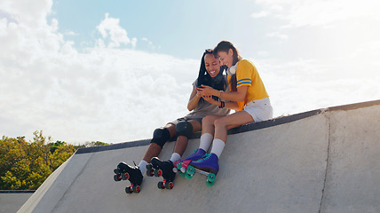 Image showing Roller skate, smartphone and black man with woman, outdoor and conversation after training, relax and rest. Skaters, male and female with cellphone, talking and connection for social media and happy