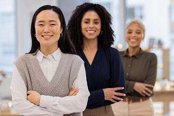 Image showing Diversity, business and women only portrait in office leadership, teamwork and solidarity in workplace. Proud black woman, asian and group of employees with vision for company values and career goals