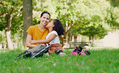 Image showing Kiss, portrait and mother and child rollerskating in a park on mothers day for bonding and fun. Love, sports and mom and girl learning to skate on a garden field with kissing affection in Australia