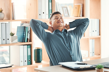 Image showing Success, business man and relax in office after finish targets or task complete in company. Thinking, rest and happy male employee on break after hard work, writing email or planning finance strategy