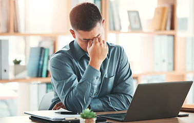 Image showing Stress, burnout and business man with laptop at desk working on project, report and strategy deadline. Headache, 404 and frustrated male worker in office with glitch, mistake and error on computer