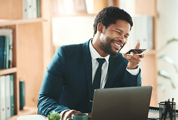 Image showing Office, laptop and black man on phone call at desk with smile, crm and b2b communication at advisory startup. Business manager, conversation and networking, happy businessman speaking with smartphone