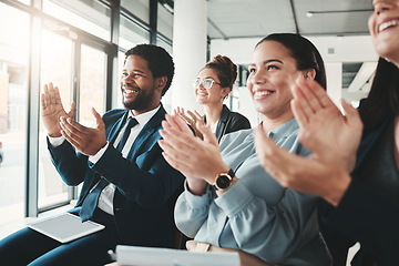 Image showing Applause, seminar and business people in meeting, conference or workshop in office. Celebration, group teamwork or crowd of employees clapping for presentation, goals or company targets at convention