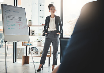 Image showing Businesswoman, coaching and whiteboard in presentation, leadership or FAQ at office workshop. Female leader, coach or mentor speaking in staff training for marketing, planning or corporate strategy