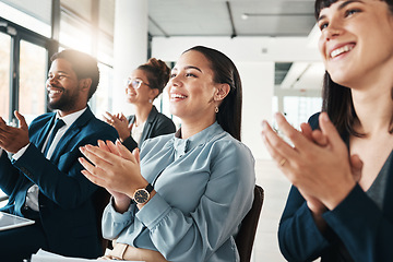 Image showing Applause, workshop and business people in meeting, conference or seminar in office. Celebration, group teamwork or crowd of employees clapping for presentation, goals or company targets at convention