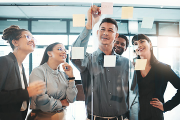 Image showing Business people, writing and planning schedule, brainstorming or strategy on glass wall at office. Group of employee workers in team project plan, tasks and write for post it or sticky note together