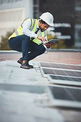 Image showing Solar panels, engineering and black man with tablet for construction, maintenance and inspection. Sustainability, renewable energy and electrician with digital tech for clean photovoltaic electricity