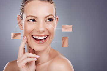 Image showing Woman, face and closeup of wrinkles, texture or anti aging facial treatment against a gray studio background. Female with smile for skincare zoom, icons or graphic in detail cosmetics or dermatology