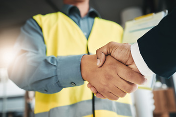 Image showing Partnership, handshake and collaboration of engineer in office for contract, deal or onboarding. Architecture, thank you and people shaking hands for hiring, recruitment or agreement, b2b or greeting