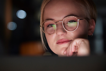 Image showing Night, office and woman with laptop reflection in her glasses while working overtime on a project. Technology, late and professional business female planning corporate report on computer in workplace