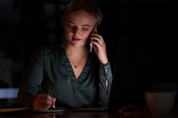 Image showing Night, phone call and woman writing, planning and working on project, confirm deadline and schedule. Dark, female manager and leader with smartphone, overworked and conversation for ideas and startup