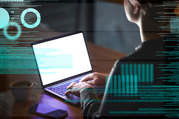 Image showing Business woman, night and laptop with overlay for information technology and data analytics. Hands of person working or typing online for ai, digital search or database for future innovation in dark