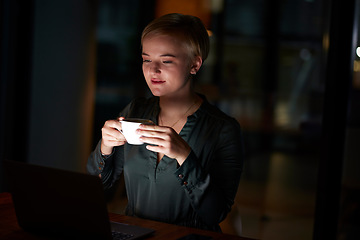 Image showing Night, business and woman with laptop, coffee and new project with ideas, sales growth and planning for advertising campaign. Dark, female employee and manager with device, tea and online reading