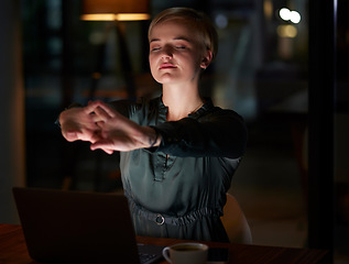 Image showing Woman stretching at her office desk for health, muscle wellness and calm night energy for work life balance. Young business worker, employee or person at workplace relax, healing and self care