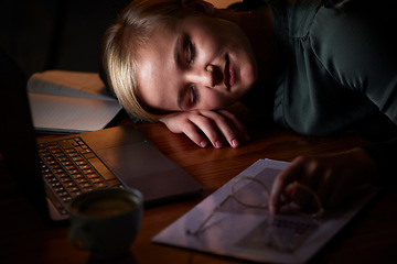 Image showing Night, sleeping and tired woman at desk and laptop while planning, working on report and business research. Professional person, employee or worker with fatigue, low energy or time management problem