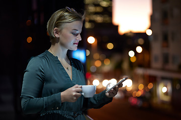 Image showing Night, woman and smartphone with connection, typing for social media and online reading. Female with coffee, lady or cellphone for communication, texting or check emails with mobile, dark or chatting