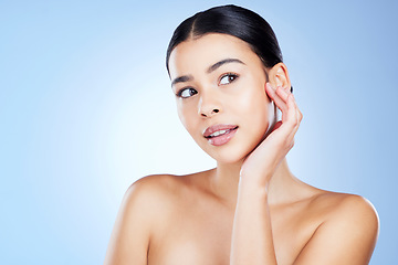 Image showing Skincare, woman and thinking of model with cosmetics and dermatology and mockup. Facial, beauty makeup and cosmetic wellness of female face skin glow from spa and collagen treatment in studio