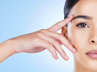 Image showing Half face, woman and mockup portrait of beauty for wellness, studio and salon results. Closeup model, split facial and skincare hands of young aesthetic, laser dermatology and botox on mock up space