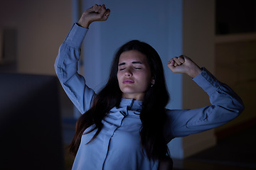 Image showing Tired, night and woman stretching in the office while working late on a project with a deadline. Burnout, fatigue and exhausted professional female business employee ready to sleep in the workplace.