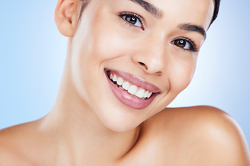 Image showing Skincare, beauty and portrait of a woman with microblading and dental cleaning in studio. Happy, cosmetics and facial wellness of a female with veneers and smile from self care and cosmetic treatment