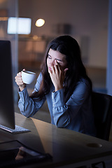 Image showing Night, coffee and tired with woman in office for deadline, burnout and overtime goals. Exhausted, headache and mental health problems with employee at computer for research, overworked and frustrated