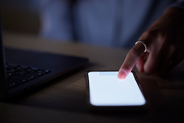 Image showing Social media, mockup phone and hands of a woman typing for communication in the dark at work. Contact, space and employee scrolling on a mobile screen for chat, news and information late at night