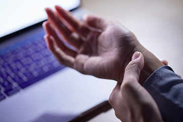 Image showing Office, wrist injury and hands with pain after accident while typing on laptop in workplace. Carpal tunnel syndrome, strain and business woman with fibromyalgia, arthritis or inflammation in company.