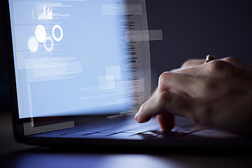 Image showing Person coding on website at night, hands typing on keyboard in the dark and internet technology with digital overlay. IT student working on project, online research on computer and desk closeup