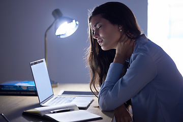 Image showing Business woman at desk, neck pain and burnout, stress and corporate fatigue, laptop mockup and glitch. Work night, overtime and deadline problem, 404 and muscle tension, overworked and frustration