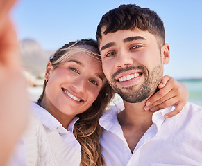 Image showing Selfie, couple and happy people on beach date on vacation and holiday trip together with love and happiness. Portrait, man and woman travel bonding with smile on adventure update social media