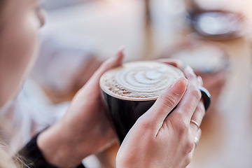 Image showing Latte cup, woman hands with art for customer services, restaurant creativity and hospitality industry with inspiration. Cafe shop with person hand holding espresso, cappuccino or morning coffee drink