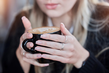 Image showing Coffee cup, woman hands with art for customer services, restaurant creativity and hospitality industry with inspiration. Cafe shop with person hand holding espresso, cappuccino or latte drink