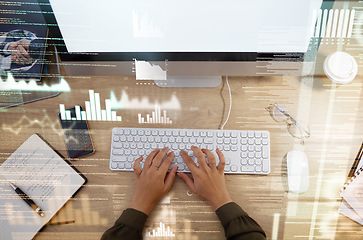 Image showing Hands on keyboard, computer overlay and business woman for typing for information technology or research. Zoom, online for trading database, cybersecurity or futuristic ai for data analysis or invest