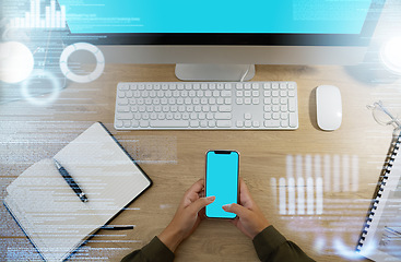 Image showing Overlay, hands or phone screen for mockup in office for product space, advertising or planning investment strategy. Search, computer or typing on smartphone for stock market, crypto growth or finance