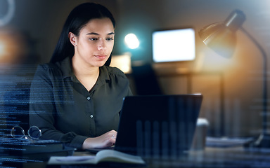 Image showing Focus, overlay or woman typing on laptop for futuristic data thinking, investment search or stock market. Serious, research or girl with tech for future finance idea, cryptocurrency or global economy