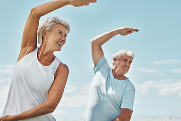 Image showing Senior couple, yoga and meditation in zen workout for healthy spiritual wellness in nature. Happy elderly woman and man yogi in fitness meditating together for calm peaceful exercise in the outdoors