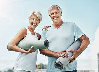 Image showing Senior couple, yoga and smile with mat in preparation for healthy spiritual wellness in nature. Portrait of happy elderly woman and man getting ready for calm or peaceful meditating exercise outdoors