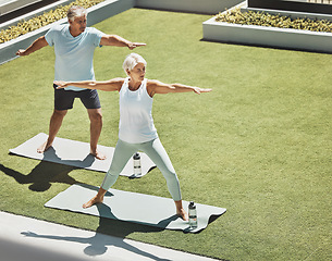 Image showing Yoga, fitness and backyard with a senior couple outdoor together for wellness from above. Exercise, zen or chakra with a mature man and woman in their garden for a mental health workout for balance