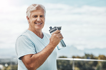 Image showing Senior man, fitness and water bottle with smile for hydration or thirst after workout, exercise or training in nature. Portrait of happy elderly male smiling for natural liquid refreshment on mockup