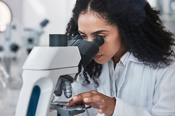 Image showing Science, microscope and sample with a doctor black woman at work in a lab for innovation or research. Medical, analysis and slide with a female scientist working in a laboratory on breakthrough