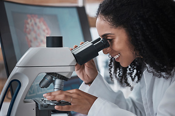 Image showing Science, microscope and zoom with a doctor black woman at work in a lab for innovation or research. Medical, analysis and slide with a female scientist working in a laboratory on breakthrough