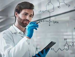 Image showing Writing, science and chemistry with man and tablet in laboratory for medicine, pharmacy and healthcare. Research, analytics and planning with expert solving on glass board for idea, study and data