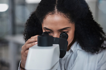 Image showing Science, microscope and research with a doctor black woman at work in a lab for innovation or development. Medical, analysis and sample with a female scientist working in a laboratory on breakthrough