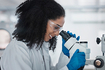 Image showing Science, microscope and innovation with a doctor black woman at work in a lab for research or development. Medical, analysis and slide with a female scientist working in a laboratory on breakthrough