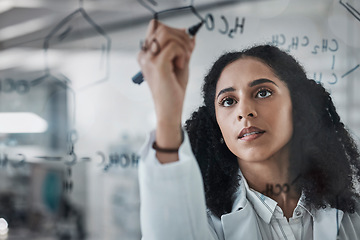 Image showing Writing, science and chemistry with black woman in laboratory for medicine, pharmacy and healthcare. Research, analytics and planning with expert solving on glass board for idea, study and data