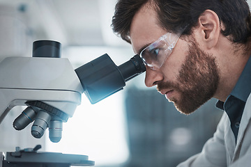 Image showing Biotechnology, microscope and focus of scientist checking research data from particles study. Chemistry lab, studying and man working on medical and healthcare innovation with health analytics