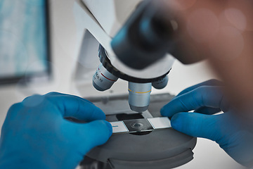 Image showing Medical science, microscope and hands for research and analysis by doctor or scientist in laboratory. Zoom on dna, particle or bacteria to study for biotechnology, medicine and innovation development