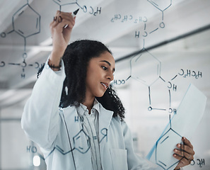 Image showing Writing, science and chemistry with black woman and research in laboratory for medicine, pharmacy and documents. Formula, analytics and medical with expert solving on board for idea, study or data