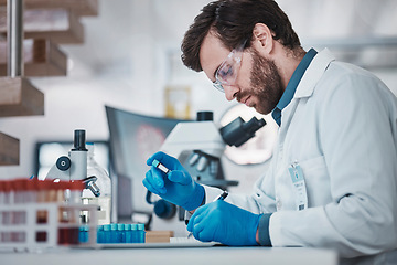 Image showing Scientist, writing or notebook for laboratory test tube, blood research or medical dna engineering. Thinking, man or science worker with paper, checklist or pharma analytics results for vaccine study